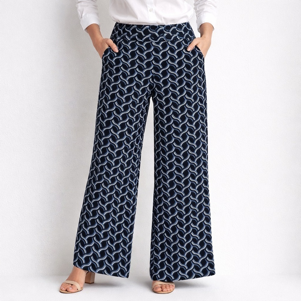 FRANK LYMAN DESIGN pull on wide leg pants with pockets Navy rope design Sz 12‍‍‍